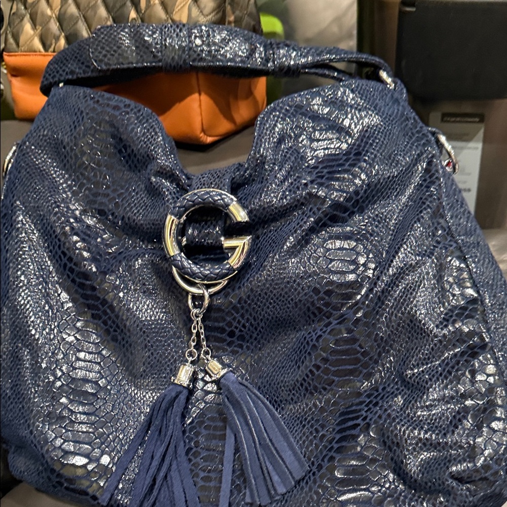 Guess Navy Snakeskin Shoulder Bag with Silver Accents